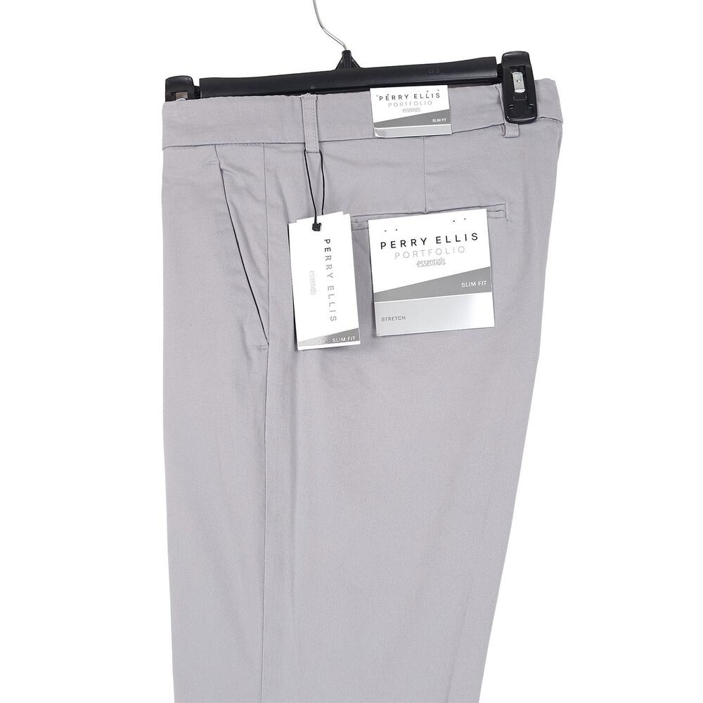 Perry Ellis Mens Slim Fit Chino Dress Pant 34x29 Light Grey Solid Stretch Cotton